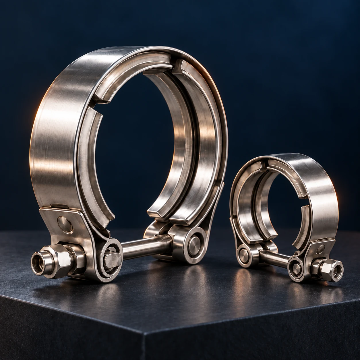 Illustration of two metallic V-band clamps showing their retaining channels and bolt closures